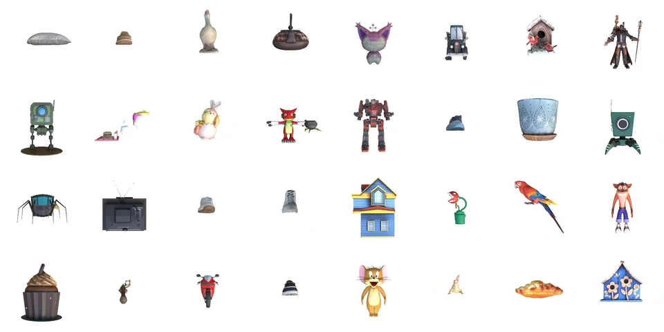 A gallery of colorful textured 3D assets generated by SeqTex